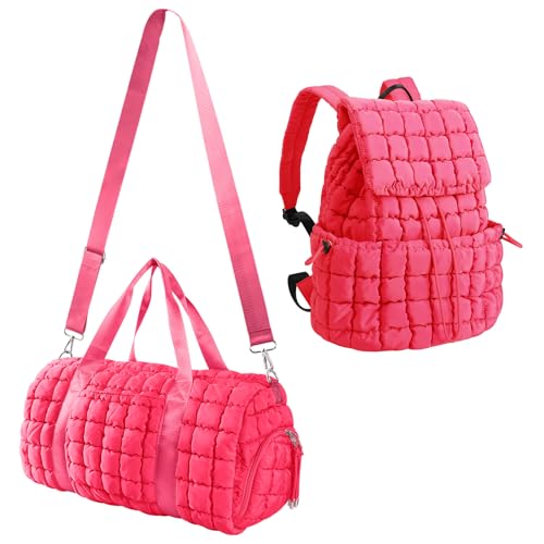 Quilted Travel Duffle Bag Gym Bag&Quilted Backpack Purse for Women,Large Puffer Duffle Weekender Bag Lightweight Puffer Puffy College Laptop Backpack with Compartment for Travel Gym Airplane(Rosered)