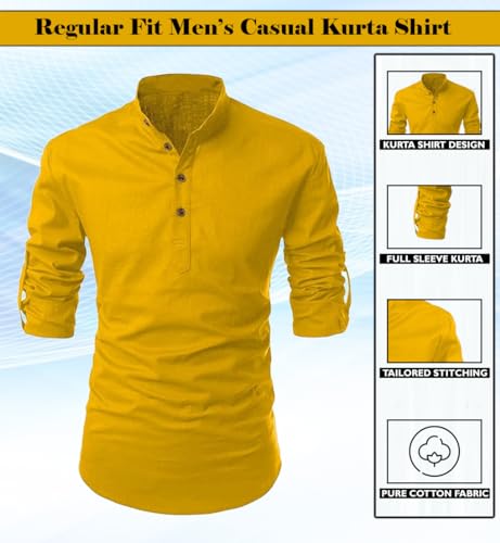 Image of FINIVO FASHION Men's Cotton Blend Solid Full Sleeve Short Kurta Shirt, Regular Fit Solid Pattern Mandarin Collar Straight Kurta Shirt