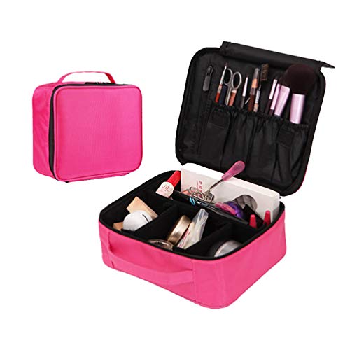 WishLotus Portable Travel Makeup Bag Waterproof Double-layer Large Capacity with Mezzanine and Zipper Multi-function Cosmetic Case Organizer with Adjustable Compartments (Pink)