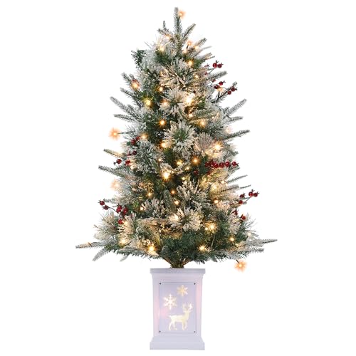 Christmas Tree, 3 Ft Pre-Lit Artificial Christmas Trees with Potted Base, Snow Flocked Small Christmas Tree with 70 Lights, Christmas Decoration, Battery Operated Timer Function