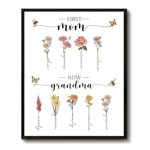 PARONA Personalized Mothers Day Gifts for Mom Grandma Custom Birth Month Flower Canvas Mothers Day Christmas Birthday Gifts First Mom Now Grandma Wall Art