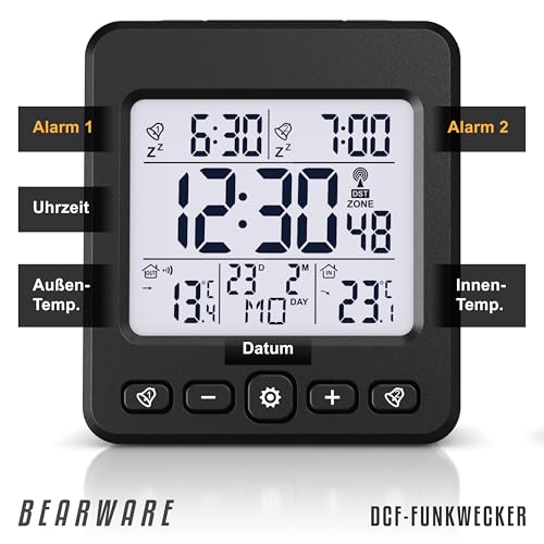 CSL - Funkwecker digital - Funk Wetterstation Funk mit Außensensor - Innentemperatur und Außentemperatur - Funkwecker Funkuhr - 2 Alarmzeiten - LED Display