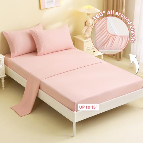 Image of Viviland 4 Pieces Girls Full Sheets Set Kids, Blush Pink Bed Sheets | Breathable & Soft Microfiber Kids' Sheet & Pillowcase Sets, Fitted Sheet with 15 inch Deep Pocket and Corner Straps, Easy Care