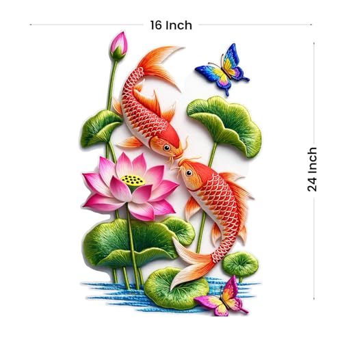 Image of Rangoli Koi Fish Wall Sticker 16 x 24 Inch Lotus Flower & Butterfly Design Self Adhesive Wall Decor for Living Room Bedroom Bathroom Nature Water Theme Wall Art