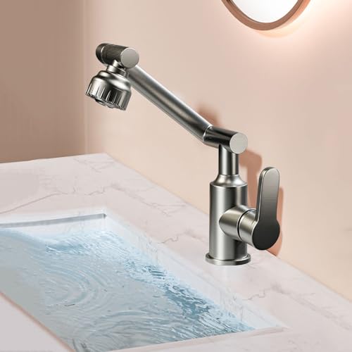 Robinet de salle de bain monotrou gris, mitigeur de lavabo à bras articulé 1080°