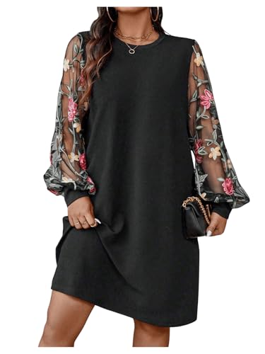 SOLY HUX Women's Plus Size Floral Mesh Long Sleeve Dress Crewneck Elegant Office Tee Shirt Dresses