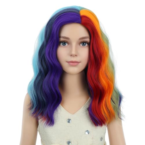 Image of PATTNIUM Colorful Wavy Wigs for Kids Girls Rainbow Side Part Shoulder Length Heat Resistant Synthetic Wig Halloween Cosplay Costume Party Wigs