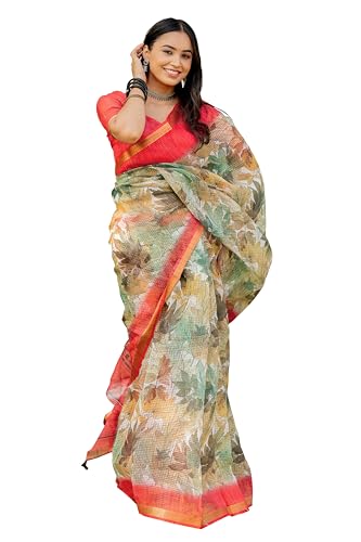 Image of MIRCHI FASHION Kota Doria Cotton Saree with Blouse Piece | Leaf Floral Printed Saree for Women | Traditional Ethnic Daily Wear Summer Saree