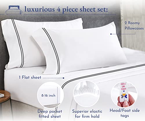 California Design Den Luxury King Size Sheet Set - 100% Cotton, 600 Thread Count Deep Pocket King Sheets, Hotel-Quality Bedding with Sateen Weave - White Embroidered Gray