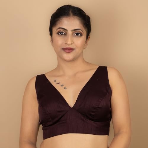 Image of FIGURE'S DESIGNER Women's Dupion Raw Silk Sleeveless V Neck Sabyasachi Cut Readymade Saree Blouse Padded Stitched S4