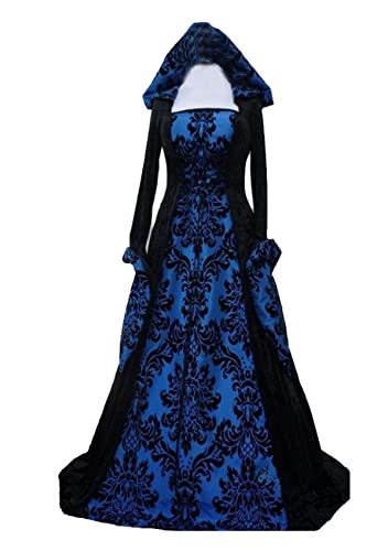 Feynman Damen Gothic Kleidung Mittelalter Kleid, Vintage Bodenlangen Gebunden Taille Maxikleid mit Kapuze Prinzessin Renaissance Cosplay Dress Party...