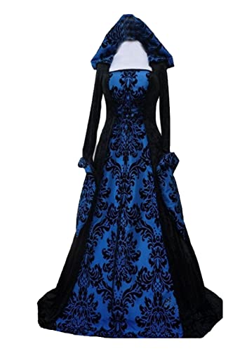 Damen Gothic Kleidung Mittelalter Kleid, Vintage Bodenlangen Gebunden Taille Maxikleid mit Kapuze Prinzessin Renaissance Cosplay Dress Party Festlich Halloween Karneval Kostüm Blau L