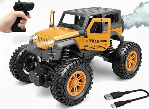 Image of Remote Control Off Road Rock Climbing Car for Kids, Rechargeable Thar Toy with Mist Spray, Openable Doors, Front LED, Shock Absorbers, Mobile Connect, USB-C Port & 75ft Range (Yellow)