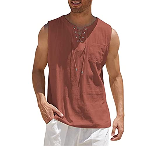 Camicia da Spiaggia Lino Uomo, Canottiere da Uomo in Cotone e Lino, Canotta da Uomo Senza Maniche con Lacci, Vintage, Larga, Sportiva, Casual (Rosso,XL)