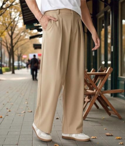 Image of KOTTY Men's Wide Leg Casual Style Korean Trousers with Relaxed Fit Tailoring Modern Structured Design for Professional Wear