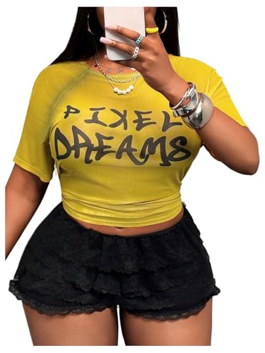 Image of RoseSeek Women's Sheer Mesh Letter Graphic Tees Short Sleeve Crew Neck Y2K Vintage Summer Going Out Crop Tops