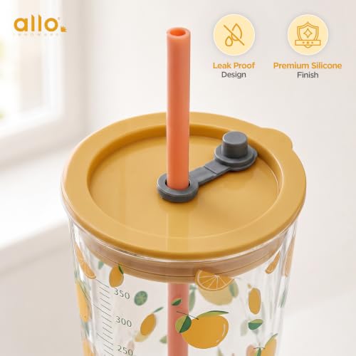 Image of Allo Reusable Glass Mug Sipper Tumbler with Straw, Unique 2 in 1 Anti Spill Lid | Microwave Safe Leakproof Glass with Anti-Slip Grip for Hot & Cold Coffee| Car, Office, Travel use | 450ml (Orange)