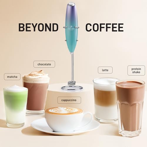 Image of Zulay Kitchen Powerful Milk Frother Wand With Duracell Batteries - Ultra Fast Handheld Drink Mixer - Electric Whisk Foam Maker for Coffee, Lattes, Cappuccino & Matcha - Double Whisk - Purple Teal Fade