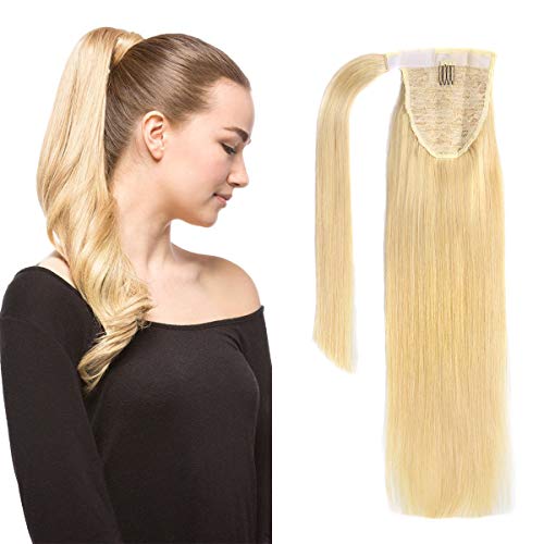 18" Clip in Ponytail Hair Extensions 80g Light Blonde Human Hair Extension Ponytail Wrap Around Ponytail Hair Extensions for Women