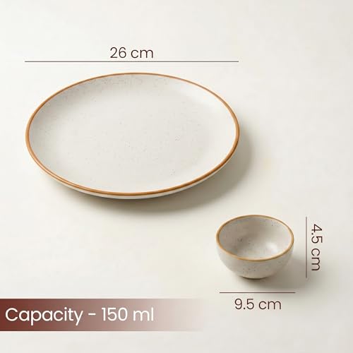 Image of The Earth Store White Matte Ceramic Dinner Set, 18 Pieces with 6 Dinner Plates & 12 Vegetable Bowls | Microwave & Dishwasher Safe | Crockery Set for Gifting & Dining