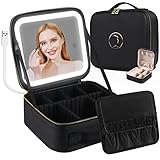 Travel Makeup Case with LED Light Mirror, Portable Waterproof Makeup Bag with 3 Adjustable Color Bri