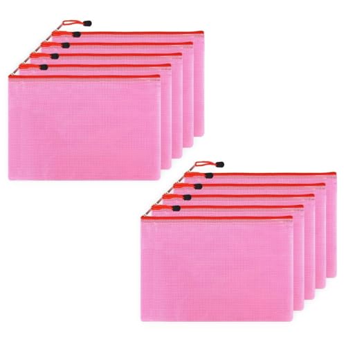 Echana ファイル袋 メッシュポーチ 10枚セット クリア ケース ジッパー式ファイル袋 A4 網目 書類 領収書 資料 保育園 小学校 連絡帳入れ 事務用品 旅行 収納袋 (ピンク)