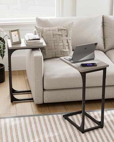 Image of C-Shaped Side Table for Couch - Small Coffee Stand Sofa Tray Desk with Metal Frame and Waterproof Scratch Resistant, Modern End Accent for Living Room, Bedroom, Small Spaces, Greige