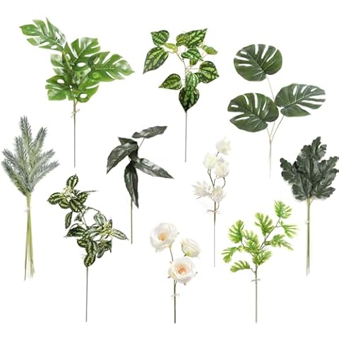 GAATEEK Artificial Greenery Stems Box Set，34 Pcs with 10 Kinds of Faux Greenery Branches Fake Leaves for Wedding DIY Bouquets Floral Arrangement Table Centerpieces(Tropical White Green) Cover