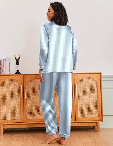 Image of Ekouaer Pajamas for Women Silk Satin Button Down Long Sleeve Pajama Sets