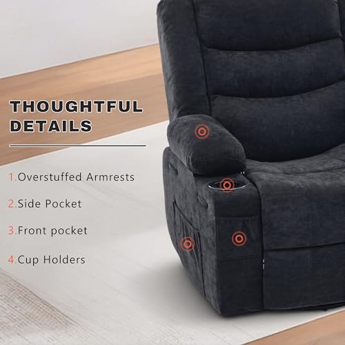 Image of Swivel Rocker Recliner Chair, Manual Recliner Single Sofa with Cup Holders, Chenille Fabric, Modern Nursery Rocking Chair with Side Pocket for Living Room, Apartment, Black