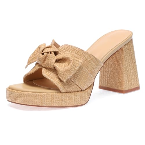 Monrovia Raffia Heeled Sandals for Women，Platform Wedge Slip On Block Heel, Dressy Summer Open Toe Chunky High Heel Vacation Beach Slides Sandals