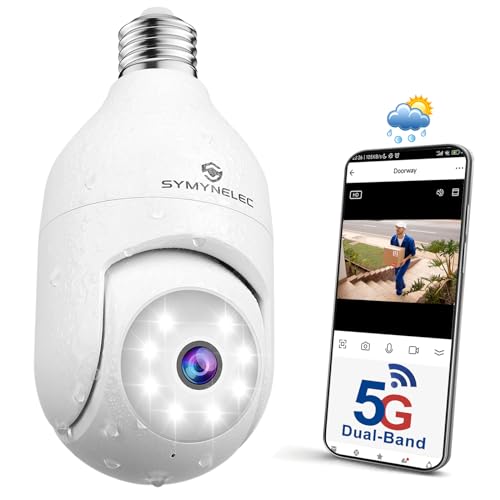 SYMYNELEC 5GHz/2.4GHz Telecamera Lampadina WiFi Esterno, 2K 4MP Videocamera Sorveglianza Senza Fili con Allarme Sonoro e Luminoso, Visione Notturna a Colori, Audio Bidirezionale Compatibile con Alexa