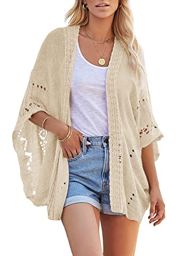 Image of Ermonn Crochet Cardigan Sweaters for Women Open Front Kimono Batwing Sleeve Plain Casual Lightweight Outerwear