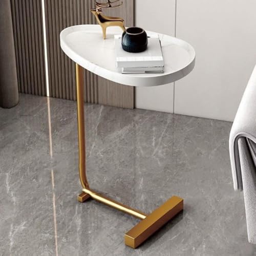 ZIUSFAC Vintage Snack Table C Shaped Small Couch Table Wood Side Table With Metal Frame Tray Table Portable Bedside Table For Living Room Small Space(White+Gold)