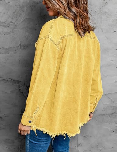 Women's Oversized Denim Jacket Casual Button Up Frayed Hem Shacket Long Sleeve Jean Jacket Fall Outfits2