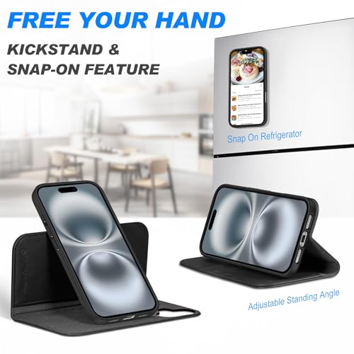 SHIELDON Wallet Case for iPhone 16 6.1" 2024, Genuine Leather Detachable Wireless Charging Folio Magnetic Kickstand RFID Blocking Card Slot Removable Cover Compatible with iPhone 16 5G - Nappa Black