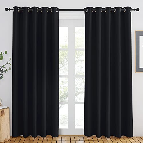 NICETOWN Blackout Curtain Drape 84 inches Length - Light Reducing Thermal Insulated Solid Grommet Blackout Window Treatment for Living Room (1 Piece, W66 x L84, Black)