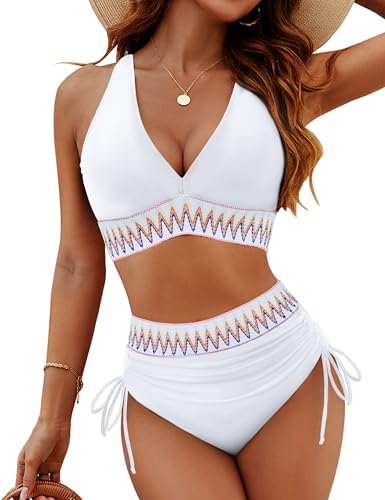 Image of Blooming Jelly Women High Waisted Bikini Sets Tummy Control Swimsuits Color Block Two Piece Drawstring Bathing Suit