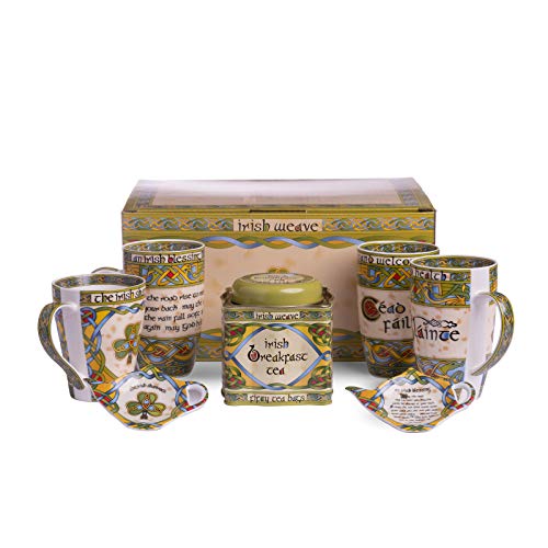 The Irish Tea Set - 14oz Tea Cups, Two Teabag Holder and 50 Irish Tea Bags in a Matching Box, Decorated with the Irish Weave Patters and Irish Sayings