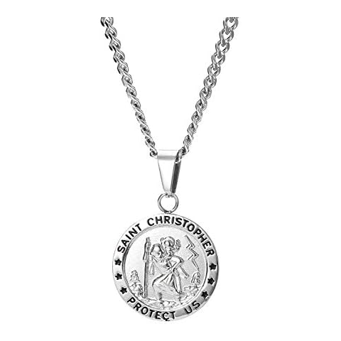 Finrezio Saint Christopher Necklace 3.5mm Stainless Steel Religious Penant Necklace Curb Link Chain Cover