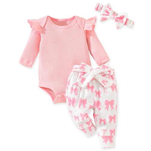 Image of Aalizzwell Preemie Newborn Infant Baby Girls Clothes Ribbed Romper Bodysuit Pants Set Fall Winter Outfits