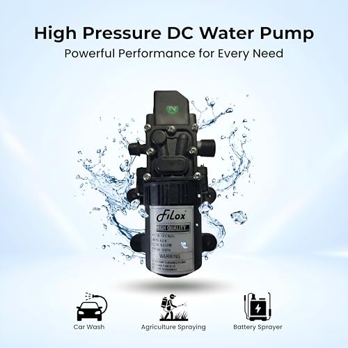 Image of Filox 12V DC Water Pump 125 PSI 6 LPM - Self Priming Diaphragm Pump with Pressure Switch & SMPS Adapter | Battery Sprayer Motor for Agriculture, Spray & Cleaning (Black)