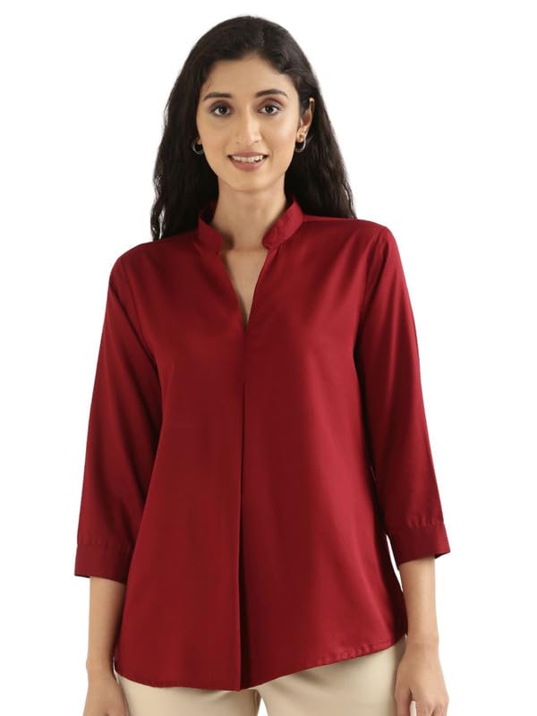 Image of SAADAA Top for Women, Viscose Pleated Tops, V-Neck with a Collar, 3 /4 Sleeve Length, Office & Casual Wear