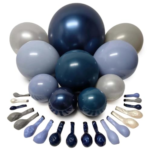 Image of Blue Balloon Arch Kit Double Stuffed Navy Pearl Grey Blue Latex Balloons | blue grey balloon arch dusty fog light blue balloon garland for birthday jean baby shower gender reveal bridal shower decor