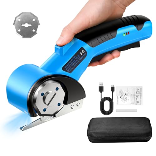 Cordless Electric Scissors, 5V Rechargeable Cardboard Box Cutter Heavy Duty Rotary Tool with Safety Lock & LED Light for Cardboard, Fabric, Box (Blue)