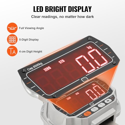 VEVOR Digital Crane Scale, 11000 lbs/5000 kg, Industrial Heavy Duty Hanging Scale with Remote Control, Cast Aluminum Case & LED Screen, High Precision for Construction, Factory, Farm, Hunting (Silver) by VEVOR - Image 5
