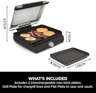 Ninja Sizzle Low Smoke Electric Indoor Grill & Flat Plate, 1460W, with Non-Stick Grill Plate & Flat Top Plate, Detachable Dishwasher Safe Lid, Grease Catch & Recipe Guide, Grey GR101UK