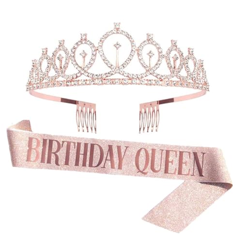 JJiaoLinin Coroa aniversário cinto de aniversário tiaras de menina, coroa faixa de aniversário mulher tiara coroa e faixa de ouro rosa acessórios de aniversário com purpurpurina dourada rosa para