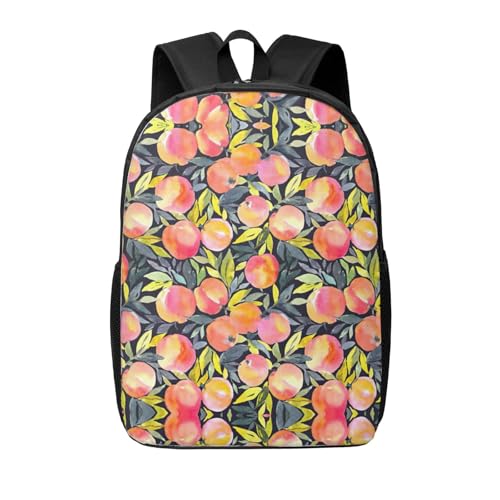 Mochila casual para laptop negra con estampado de melocotón colorido unisex