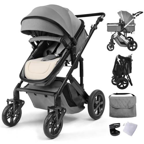 Image of 2-in-1 Convertible Baby Stroller with Bassinet Mode, Bassinet Stroller with Reversible Seat, Folding Infant Stroller with Adjustable Backrest & Awning, Toddler Pushchair for 0-36 Months, Grey
